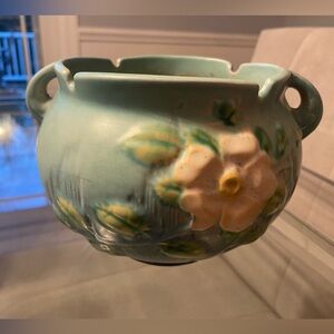 Roseville White Rose Blue Vintage Jardiniere Planter